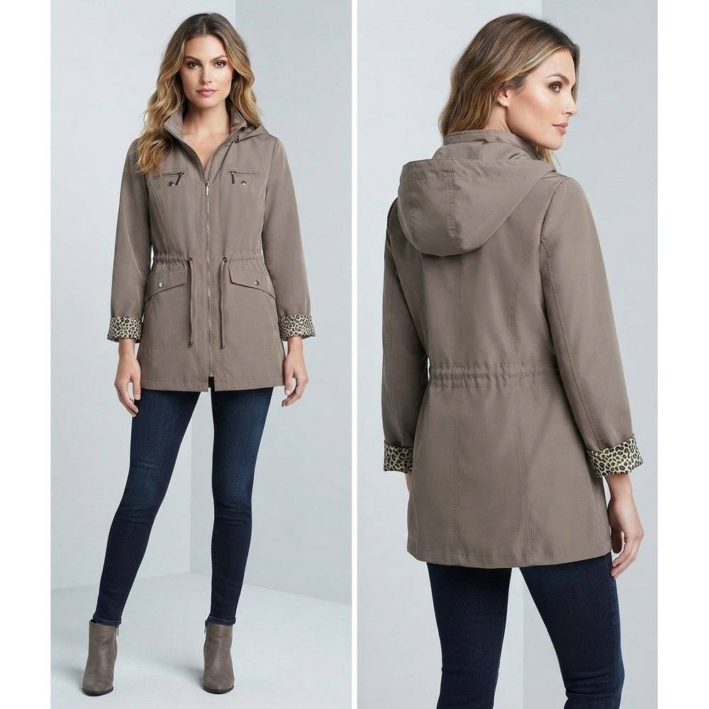 Liz Claiborne Womens XL Anorak Jacket Taupe Brown Leopard Print Hooded Coat